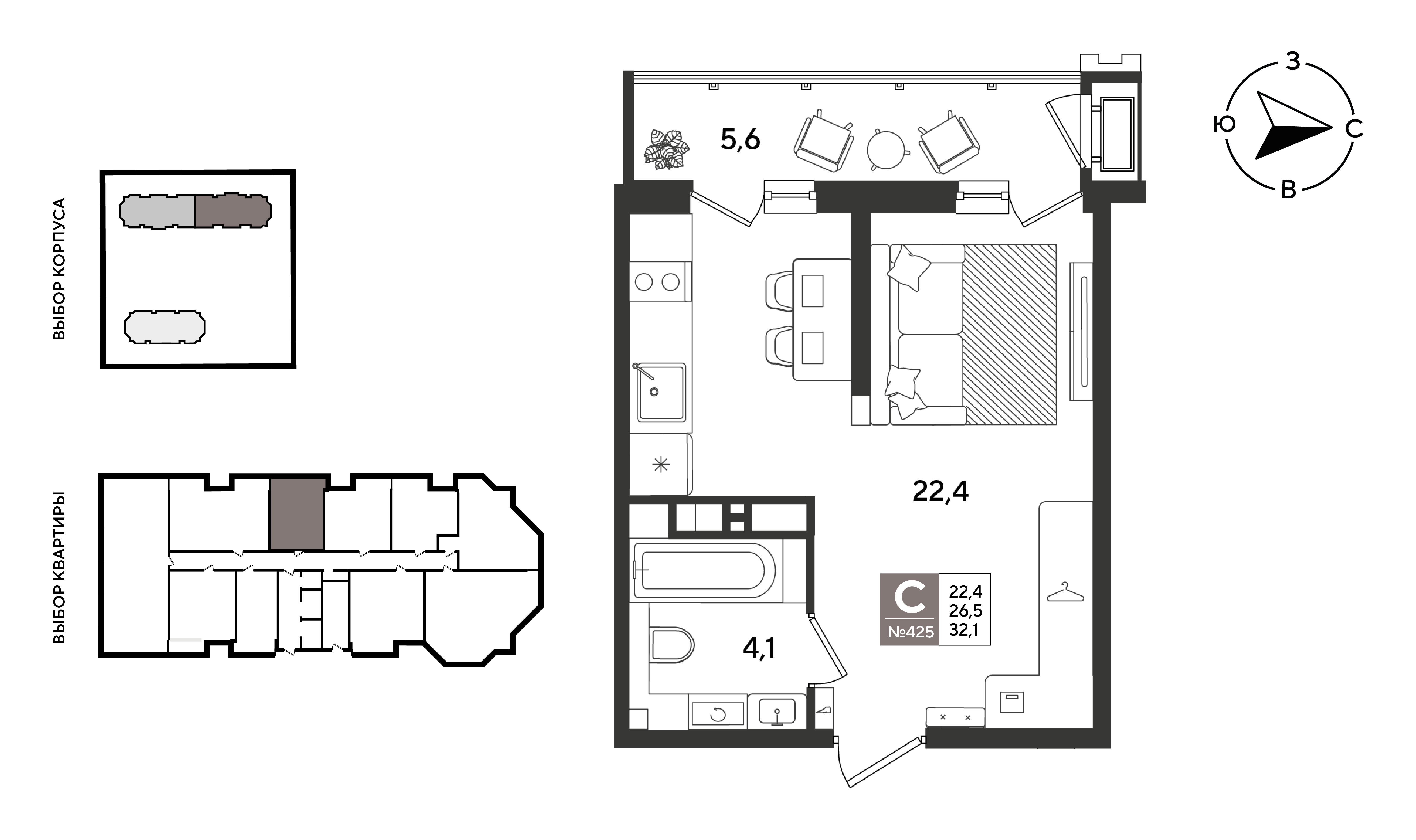 Планировка: Студия 32,1 м²