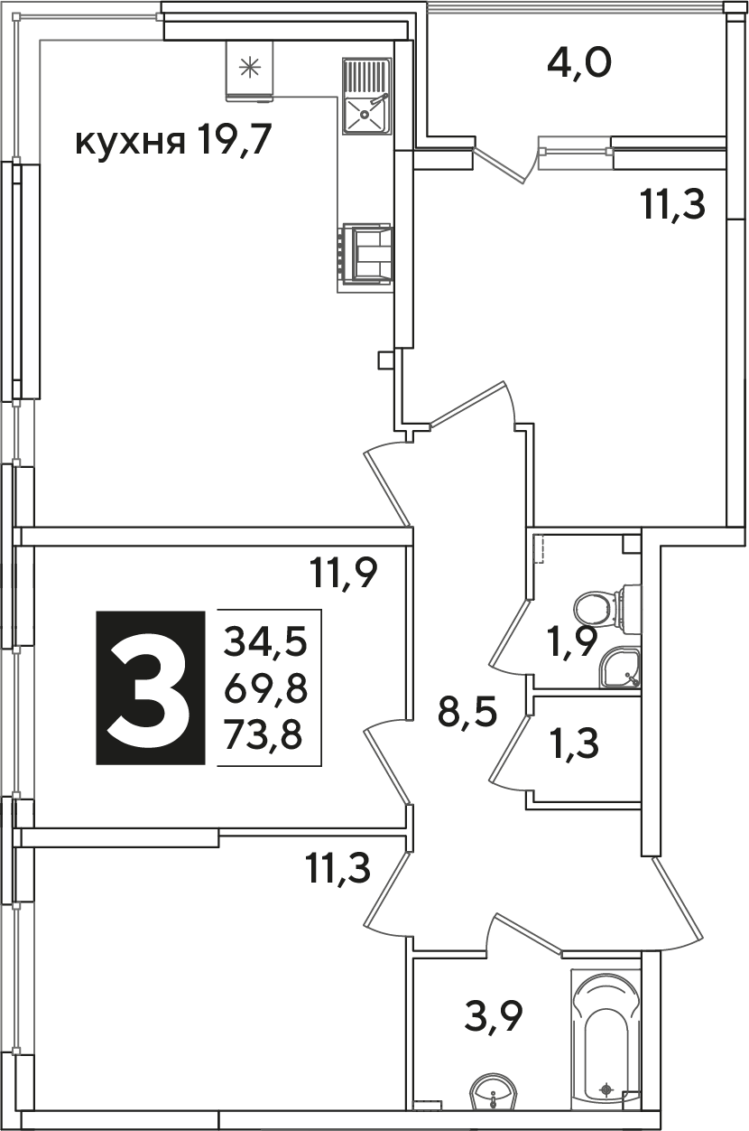Планировка: 3-комн. квартира 73,8 м²