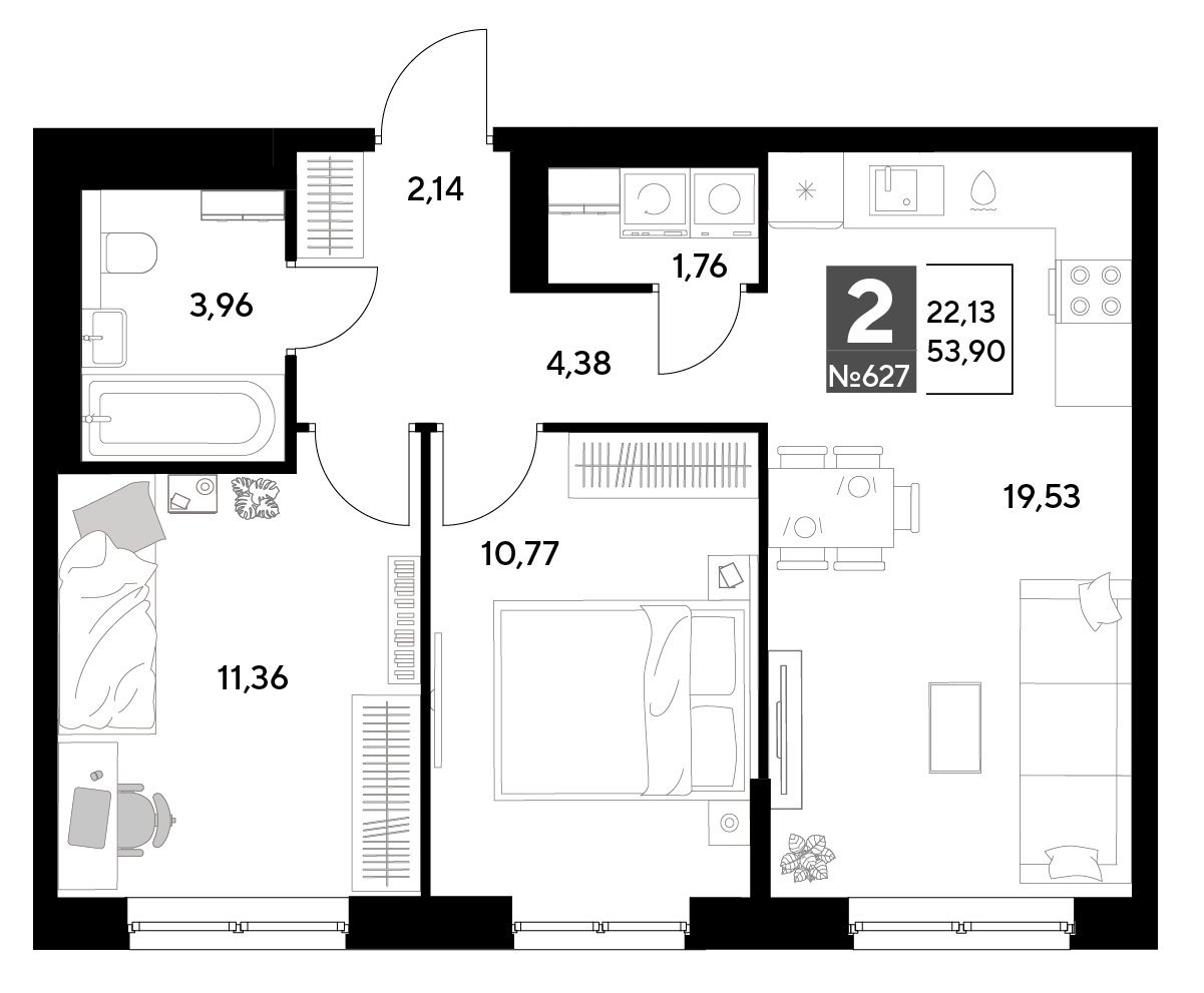 Планировка 2-комнатная 53,9 м²