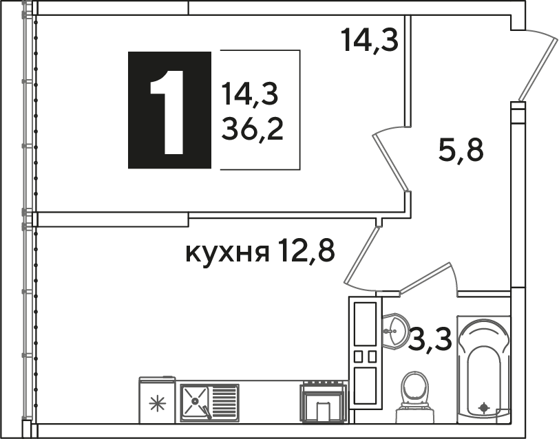 Планировка: 1-комн. квартира 36,2 м²