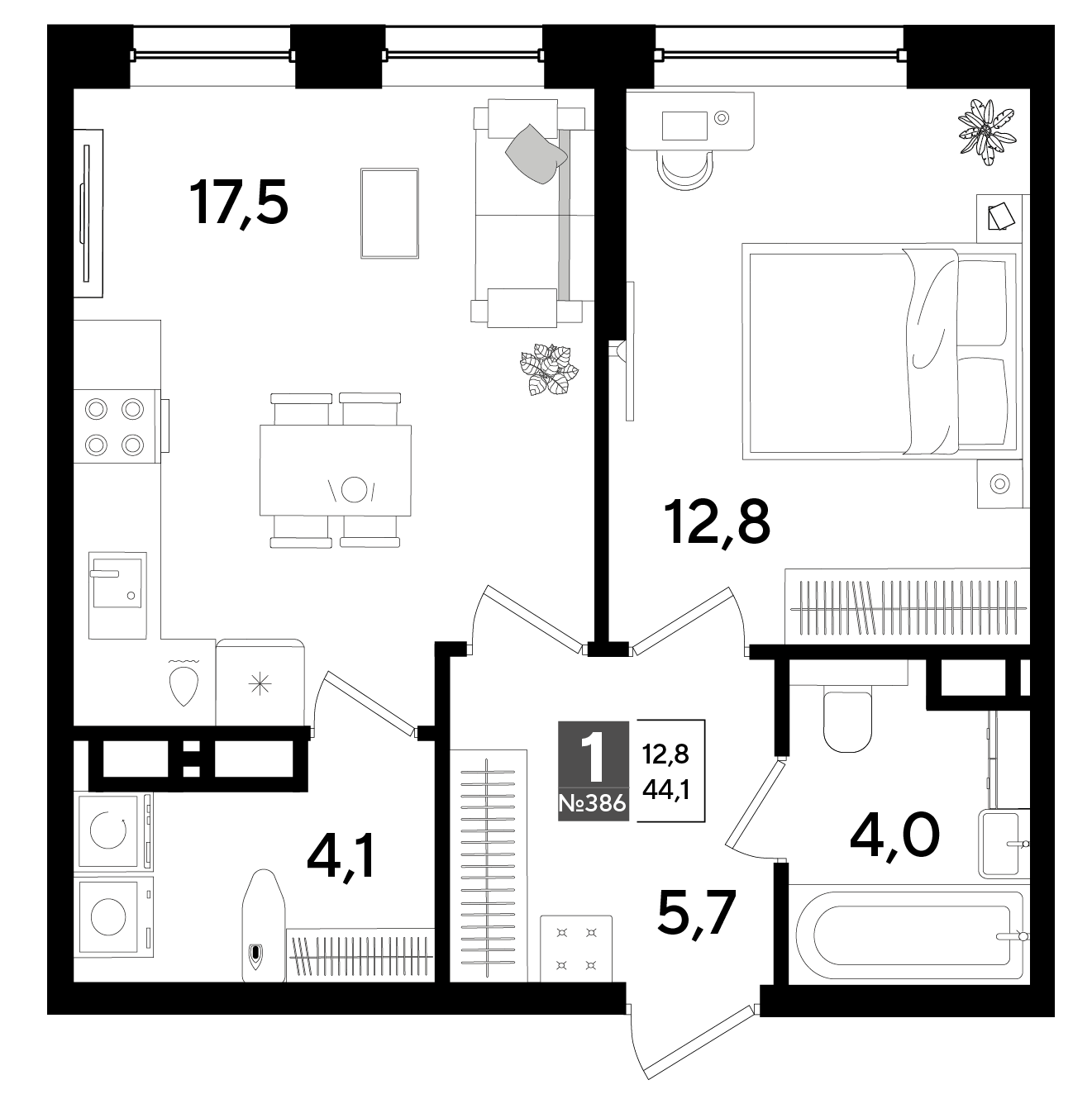 Планировка: 1-комн. квартира 44,1 м²