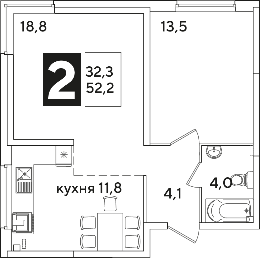 Планировка 2-комнатная 52,2 м²