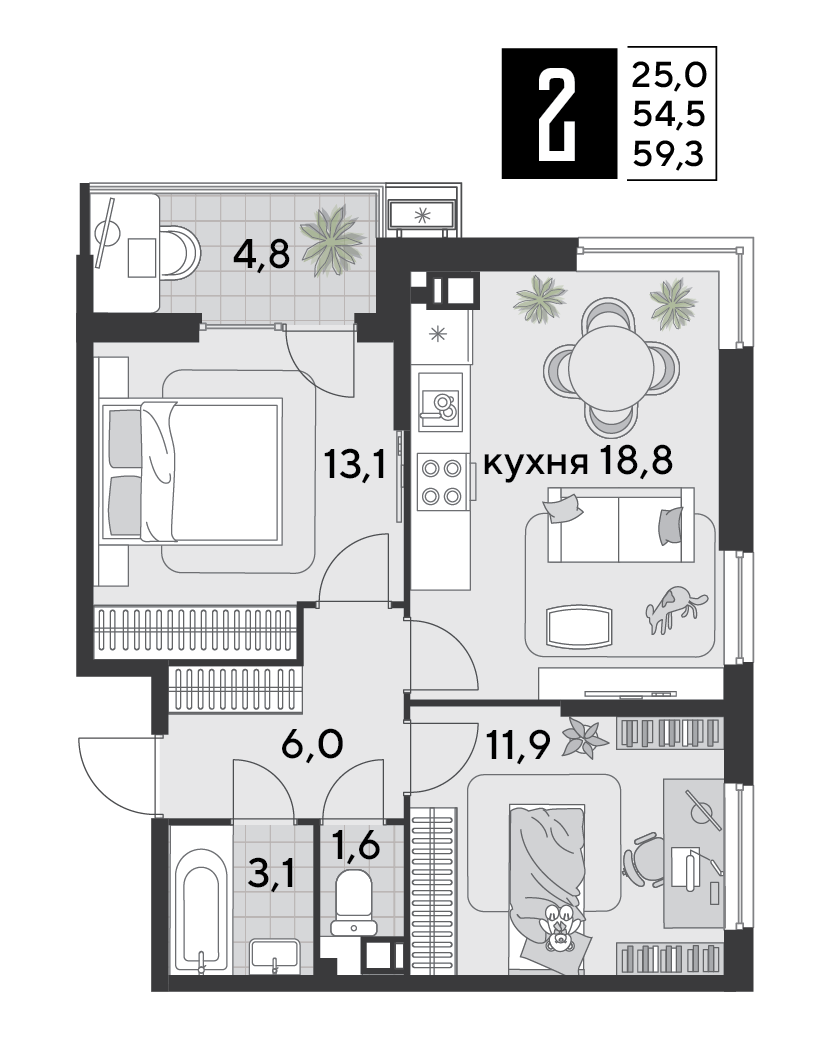 Планировка: 2-комн. квартира 59,3 м²