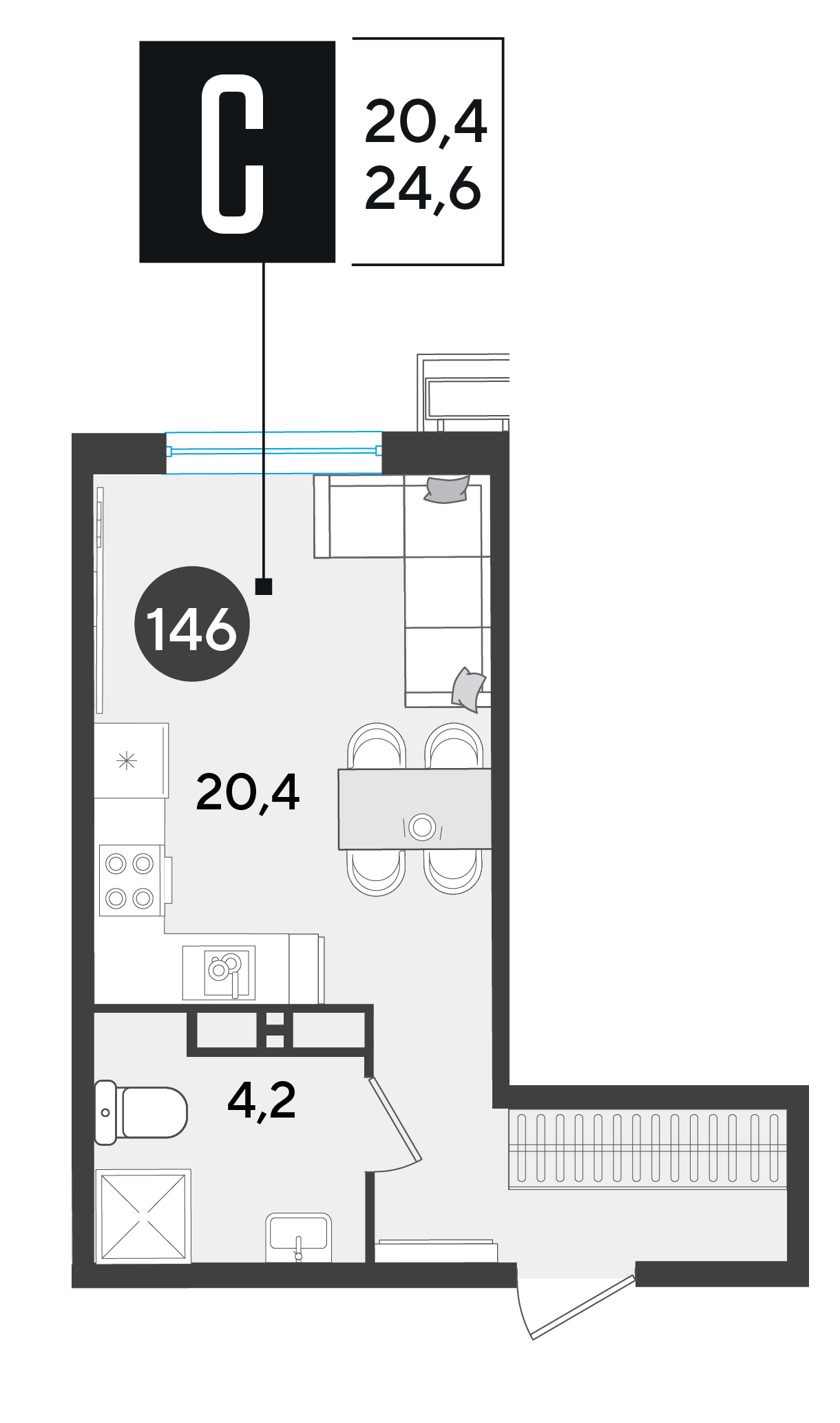 Планировка: Студия 24,6 м²