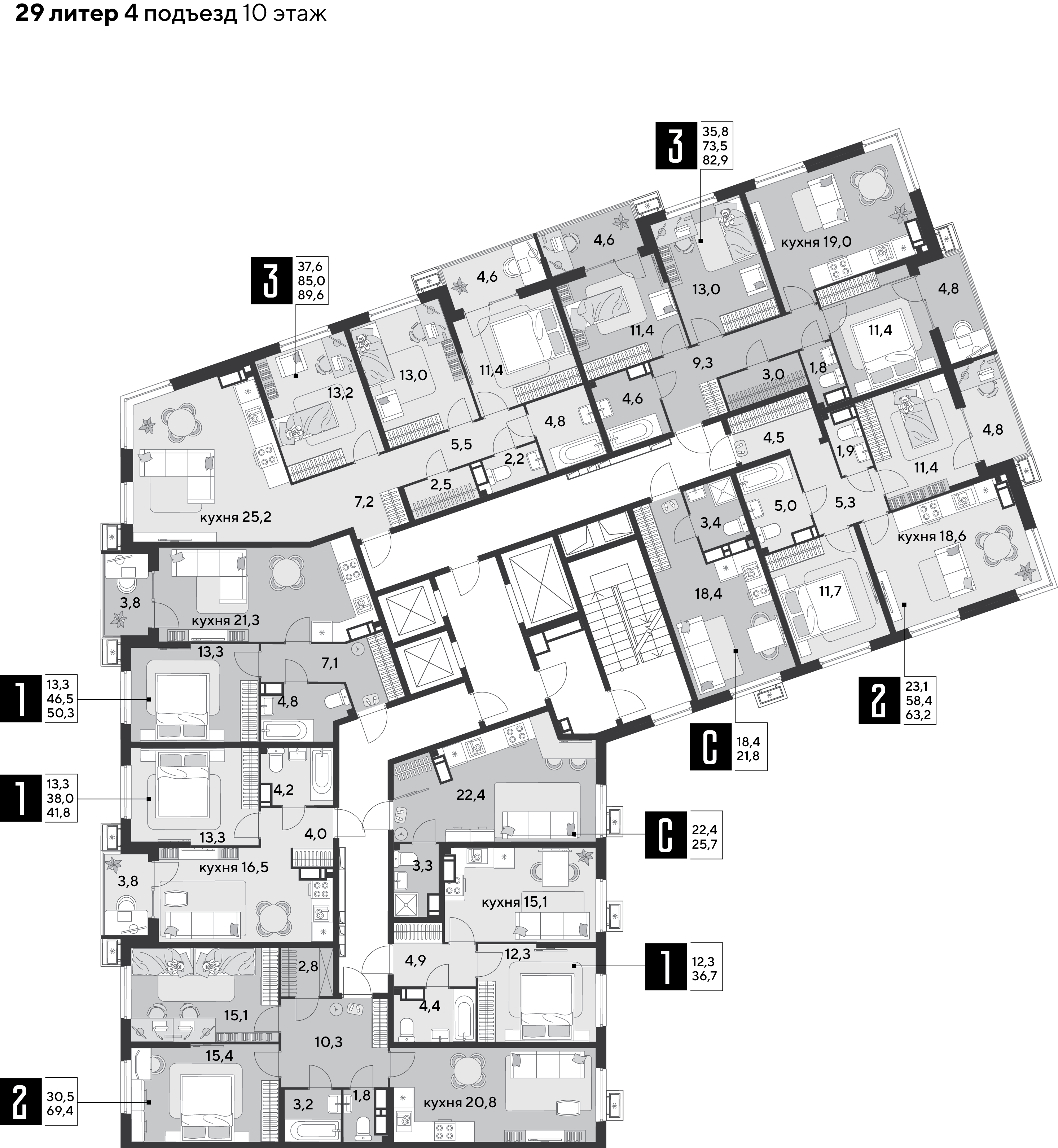 План 10 этажа, Литер 29, подъезд 4