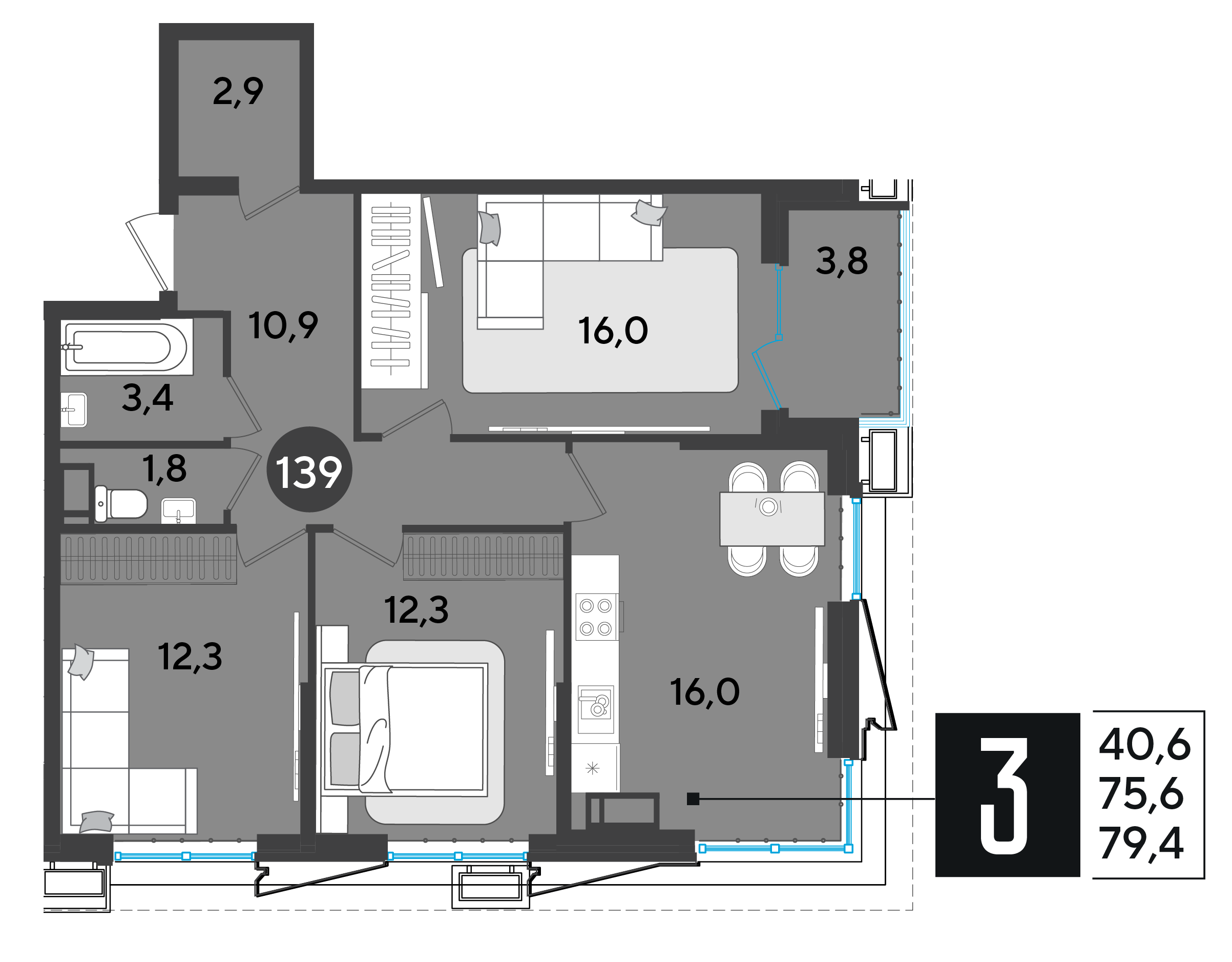 Планировка: 3-комн. квартира 80,1 м²