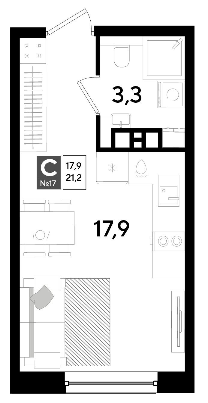 Планировка: Студия 21,2 м²