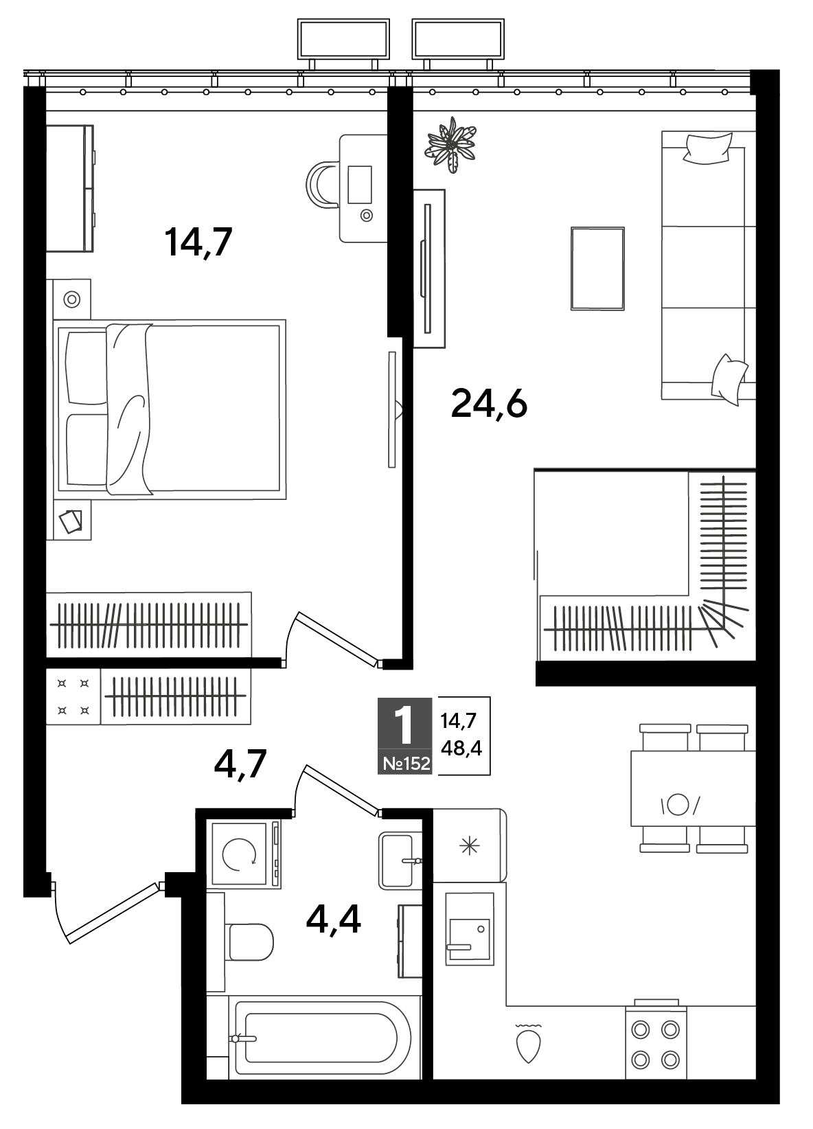 Планировка: 1-комн. квартира 48,4 м²