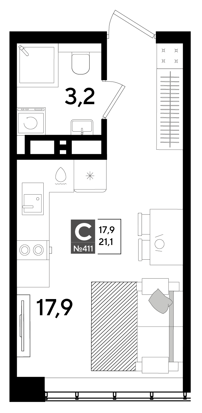 Планировка: Студия 21,1 м²
