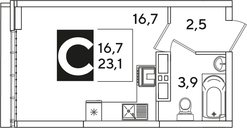 Планировка: Студия 23,1 м²