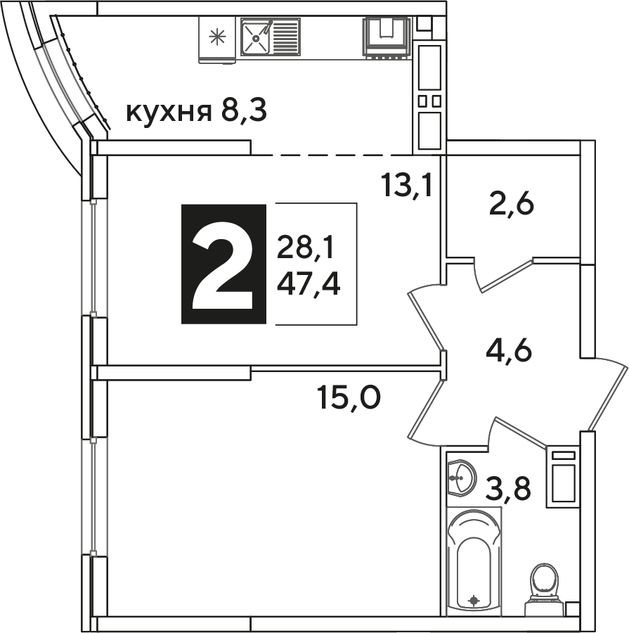 Планировка: 2-комн. квартира 47,4 м²