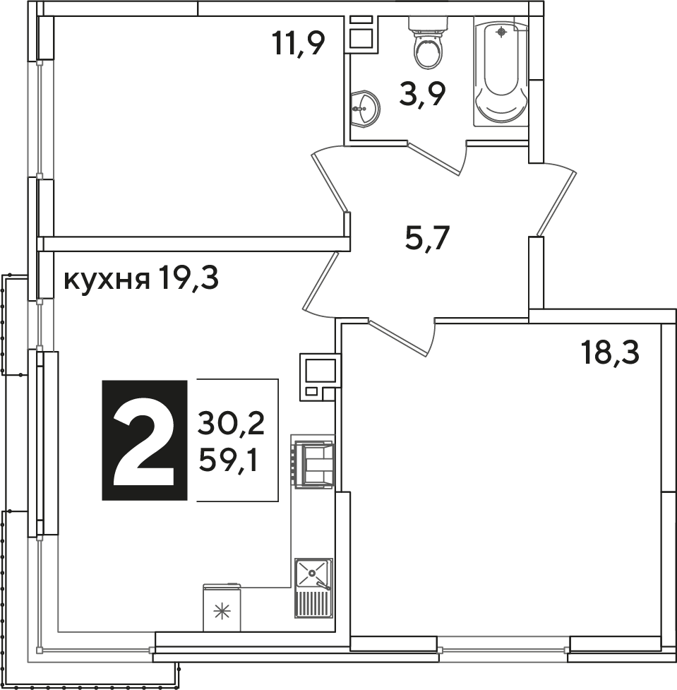 Планировка 2-комнатная 59,1 м²