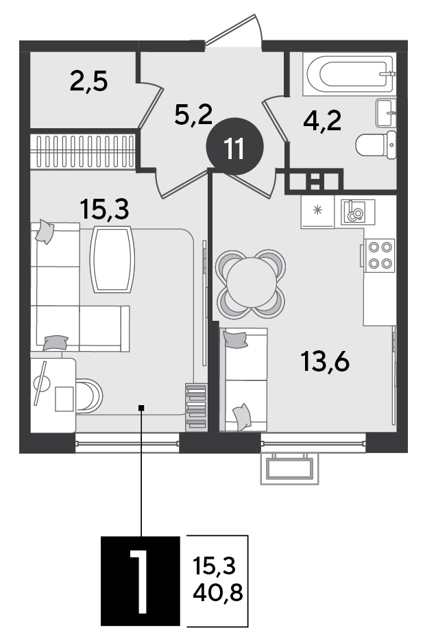 Планировка 1-комнатная 40,8 м²