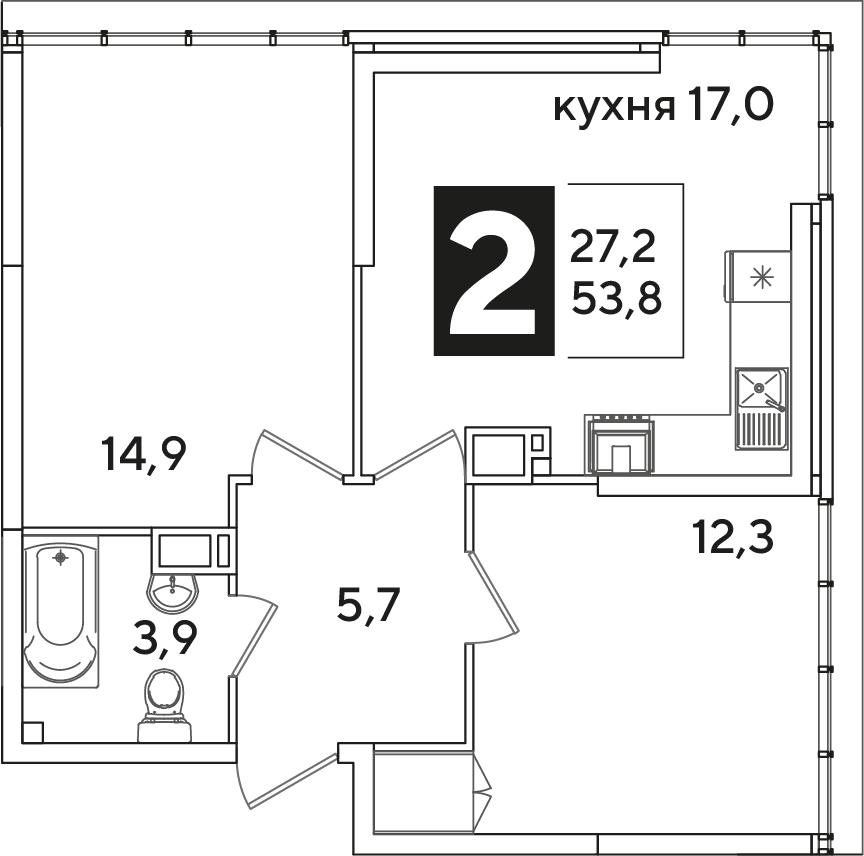 Планировка: 2-комн. квартира 53,8 м²