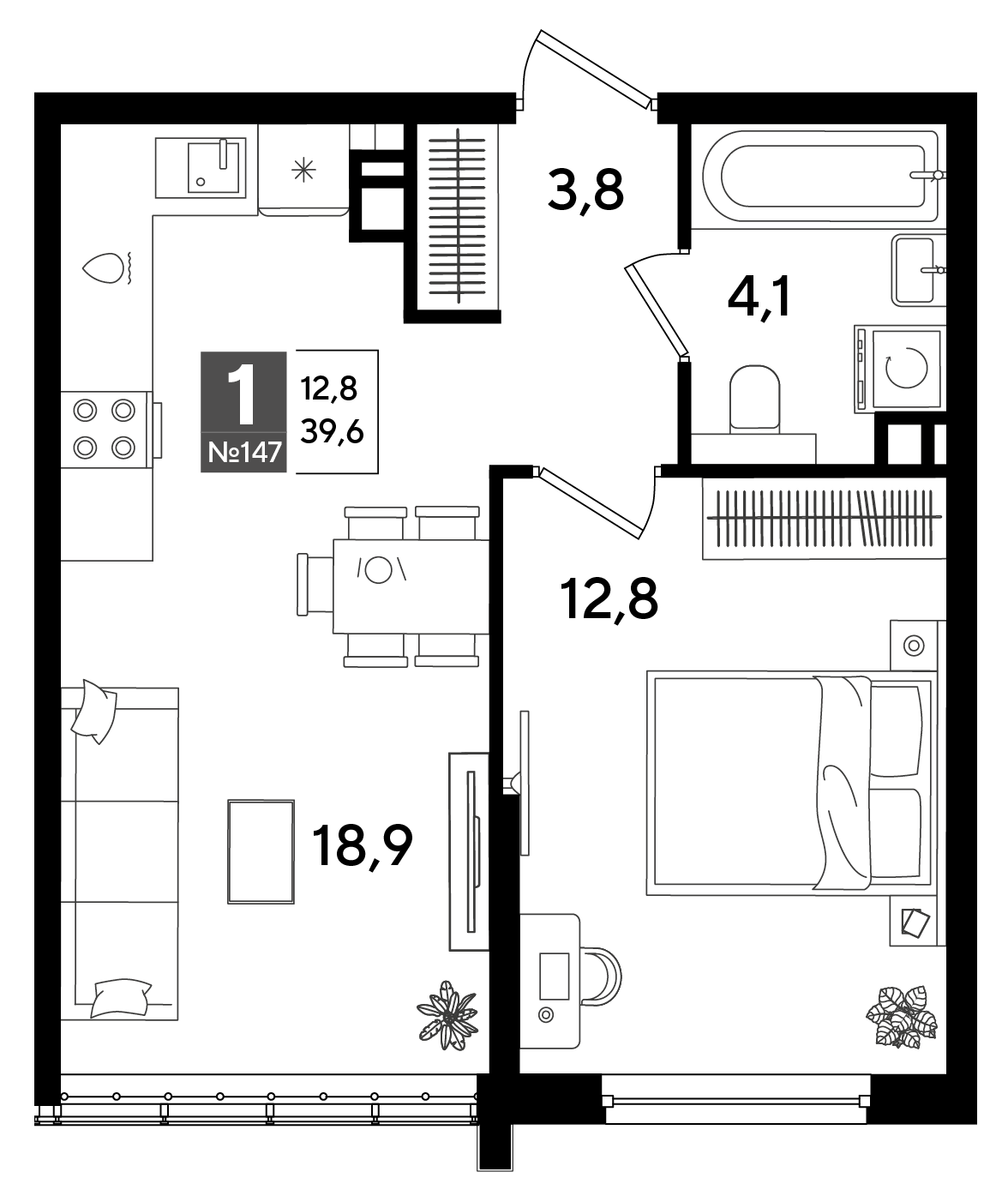 Планировка: 1-комн. квартира 39,6 м²