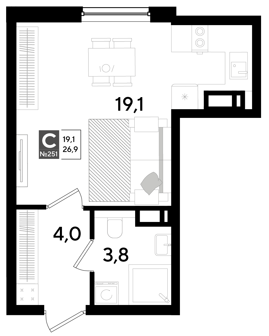 Планировка: Студия 26,9 м²