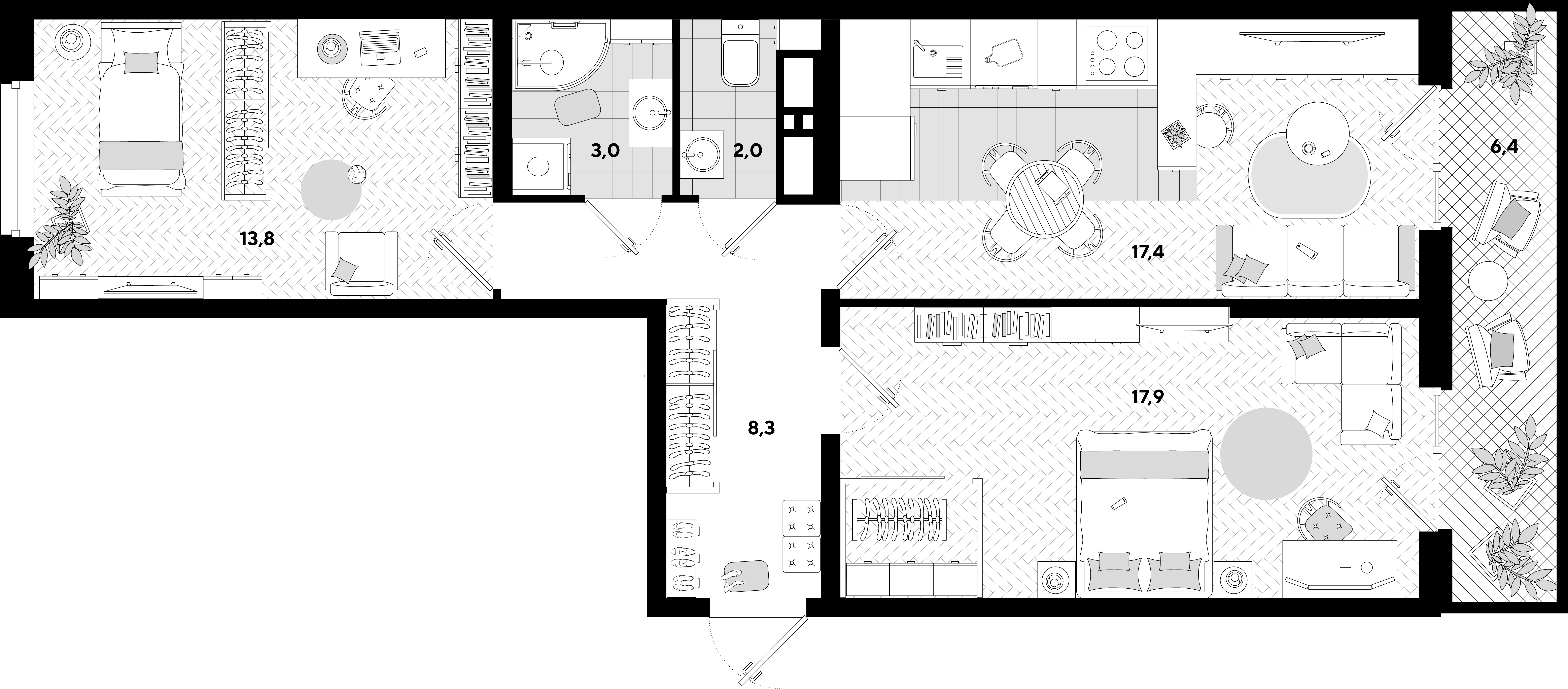 Планировка 2-комнатная 65,6 м²