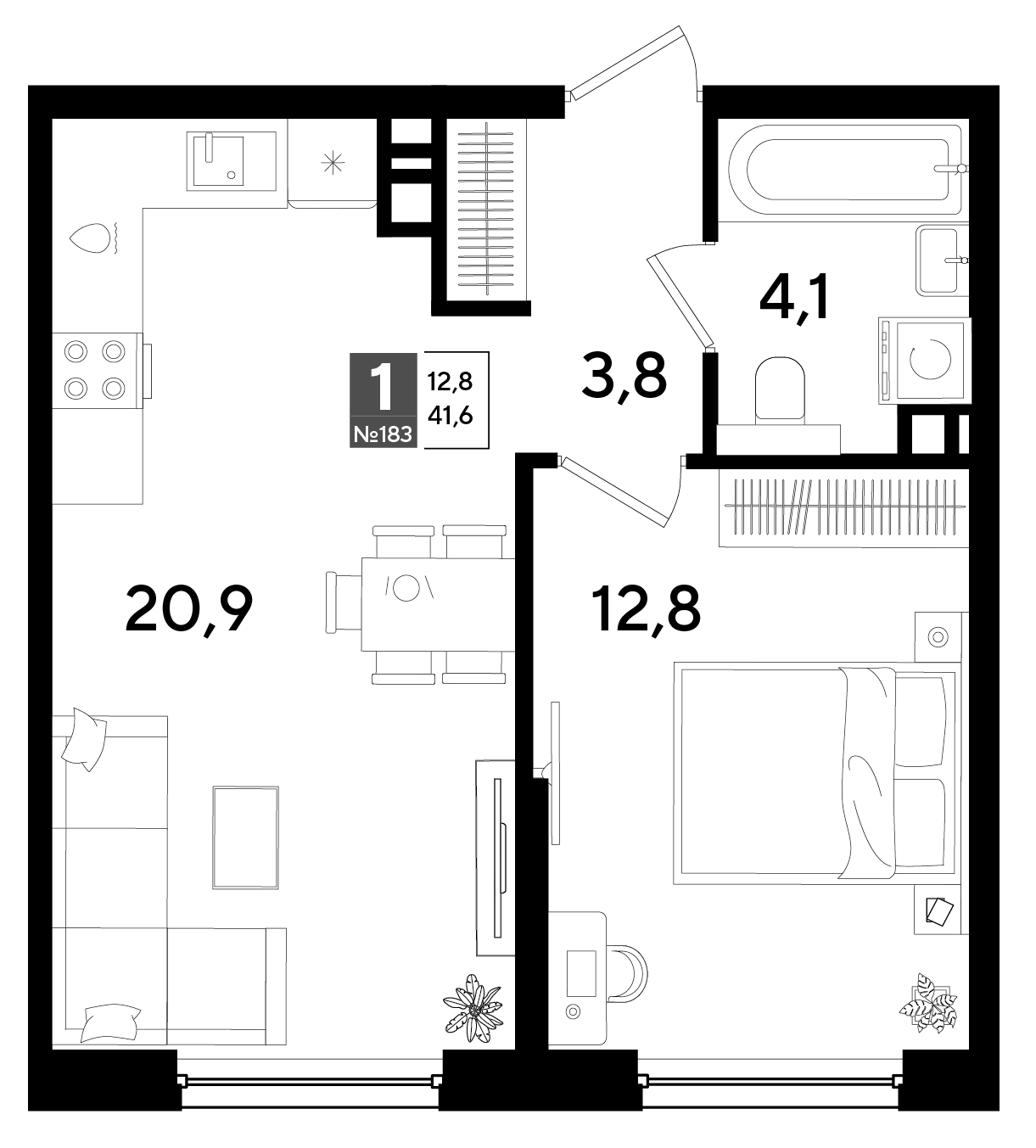 Планировка: 1-комн. квартира 41,6 м²