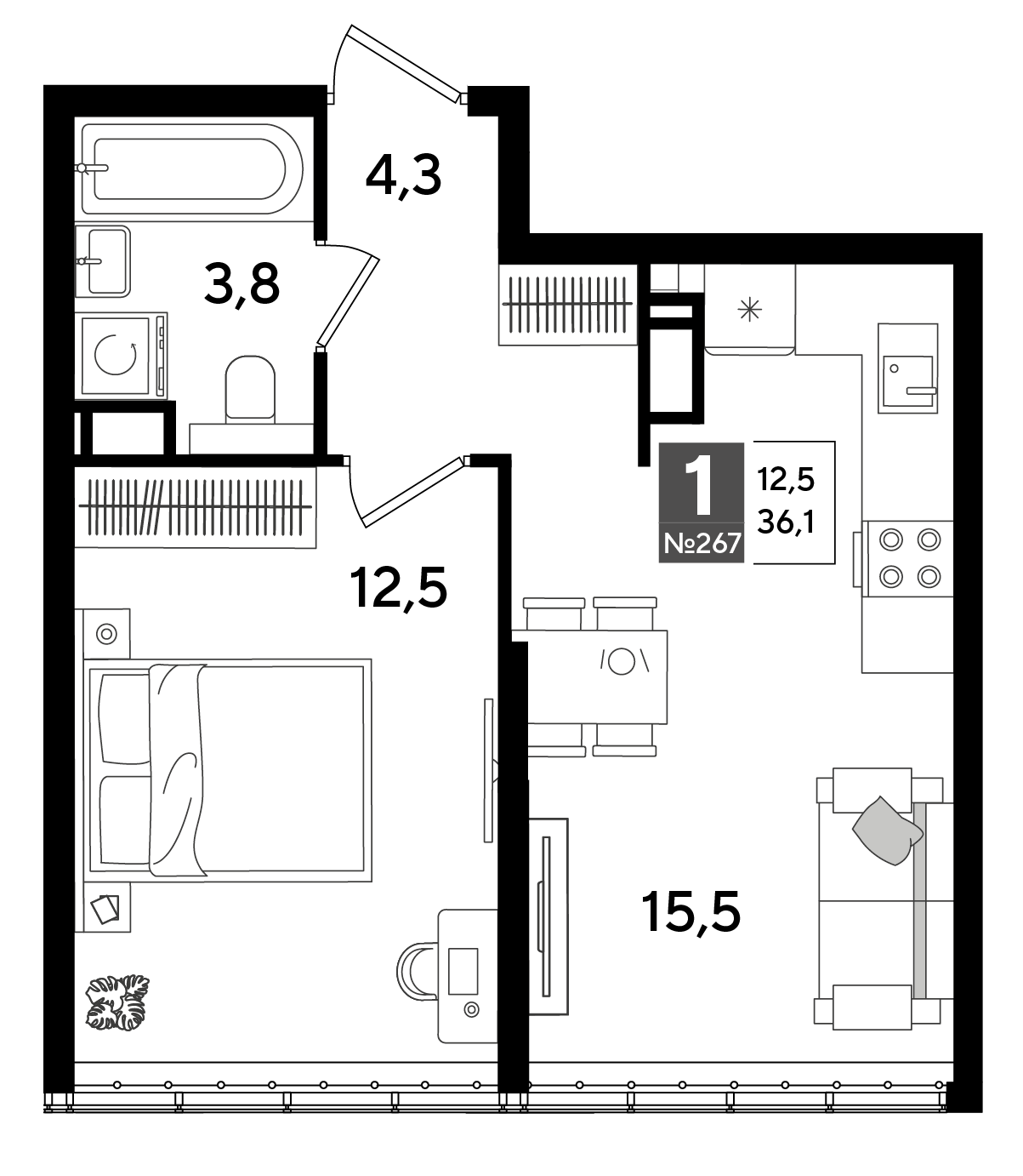 Планировка: 1-комн. квартира 36,1 м²