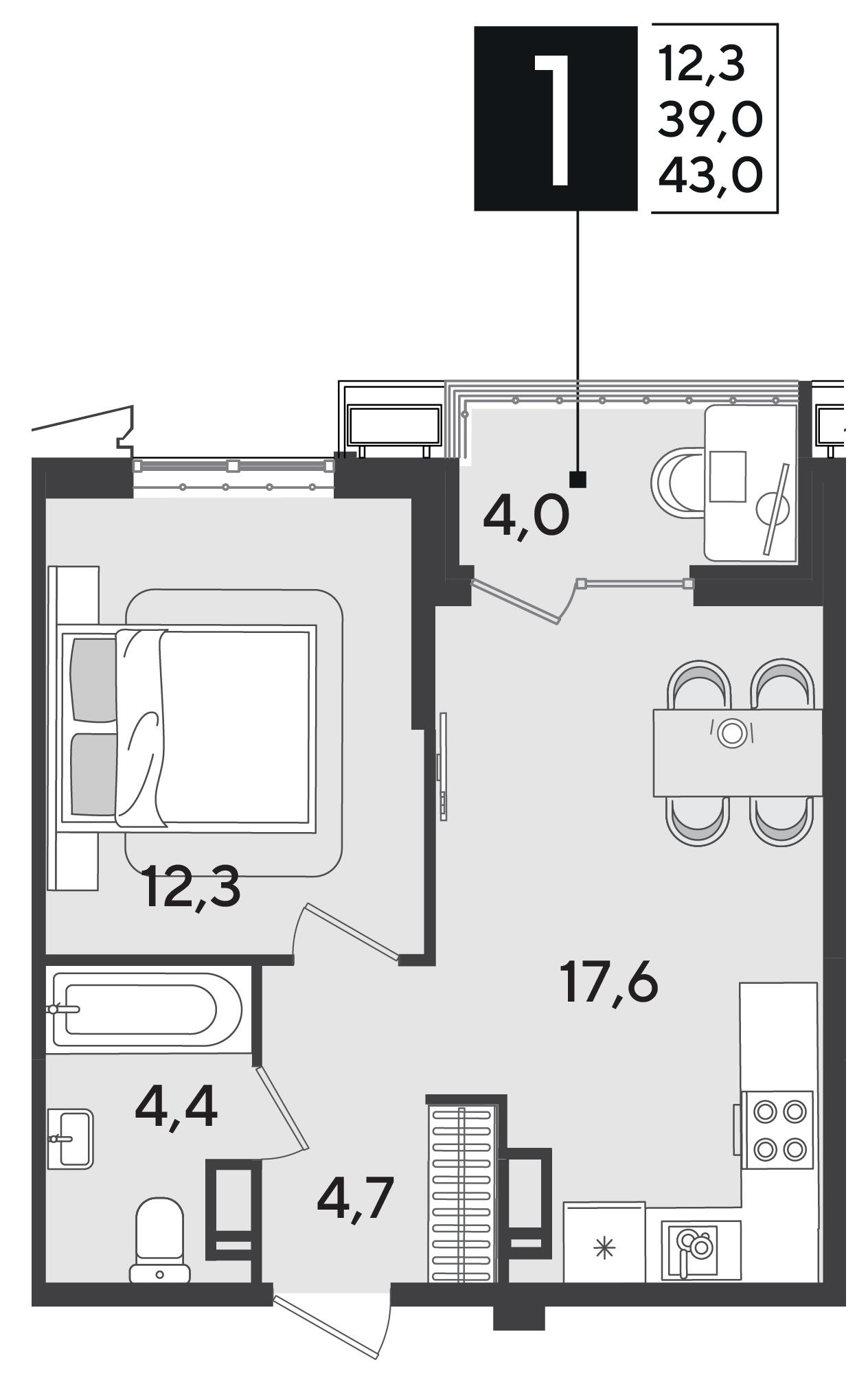 Планировка: 1-комн. квартира 43 м²