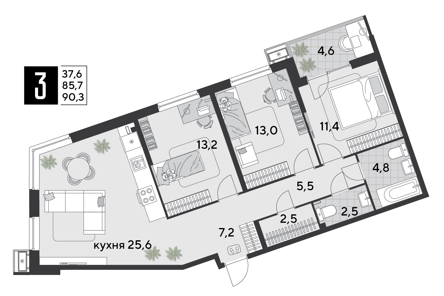Планировка 3-комнатная 92,1 м²
