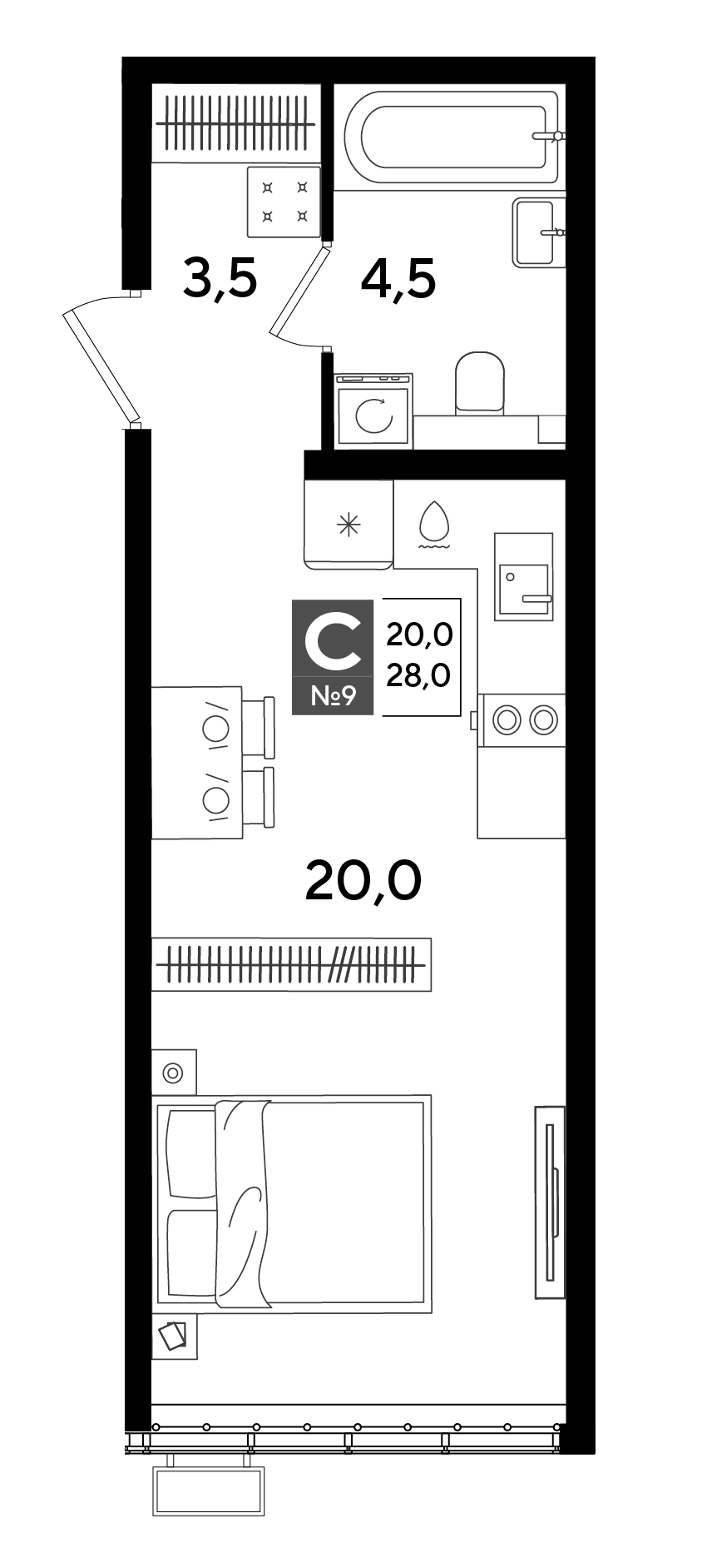 Планировка Студия 28 м²