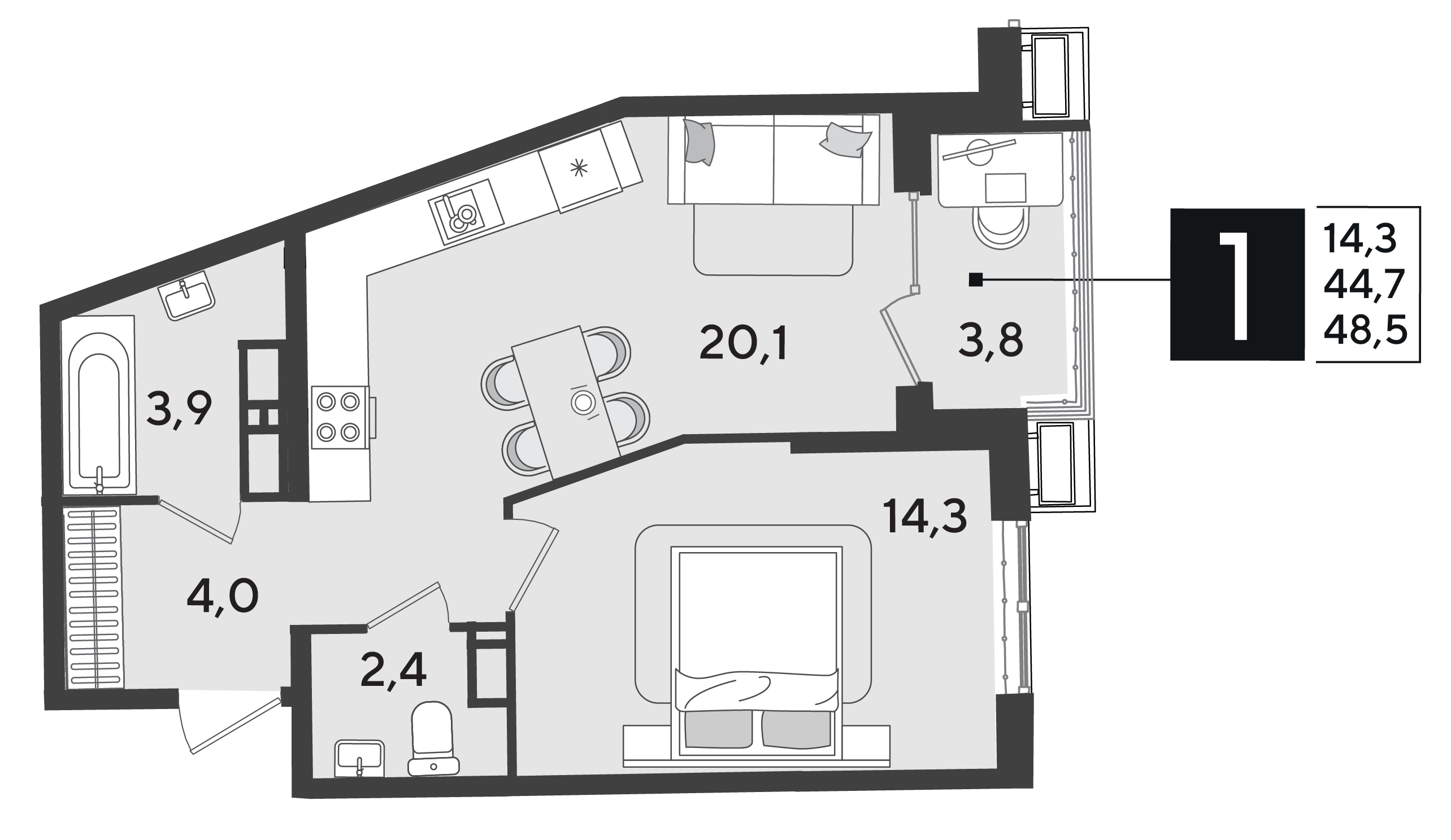 Планировка: 1-комн. квартира 49,4 м²