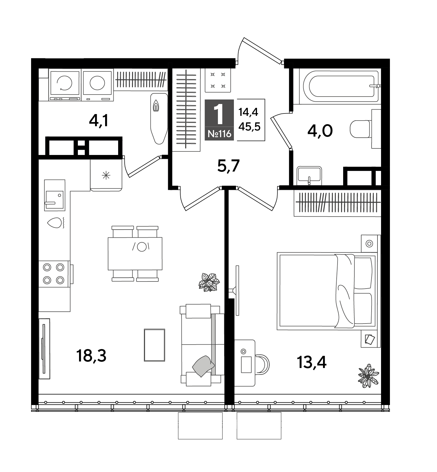 Планировка: 1-комн. квартира 45,5 м²