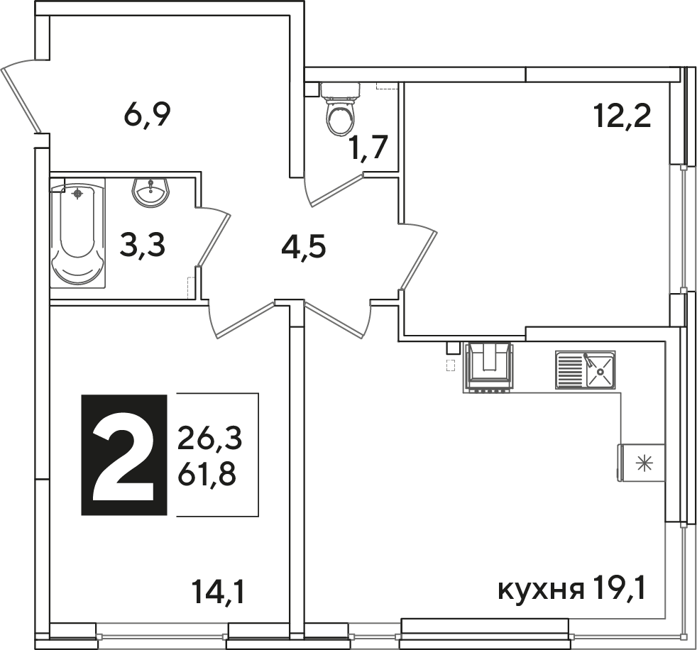 Планировка: 2-комн. квартира 61,8 м²