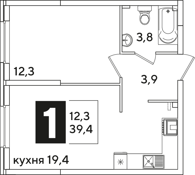 Планировка: 1-комн. квартира 39,4 м²