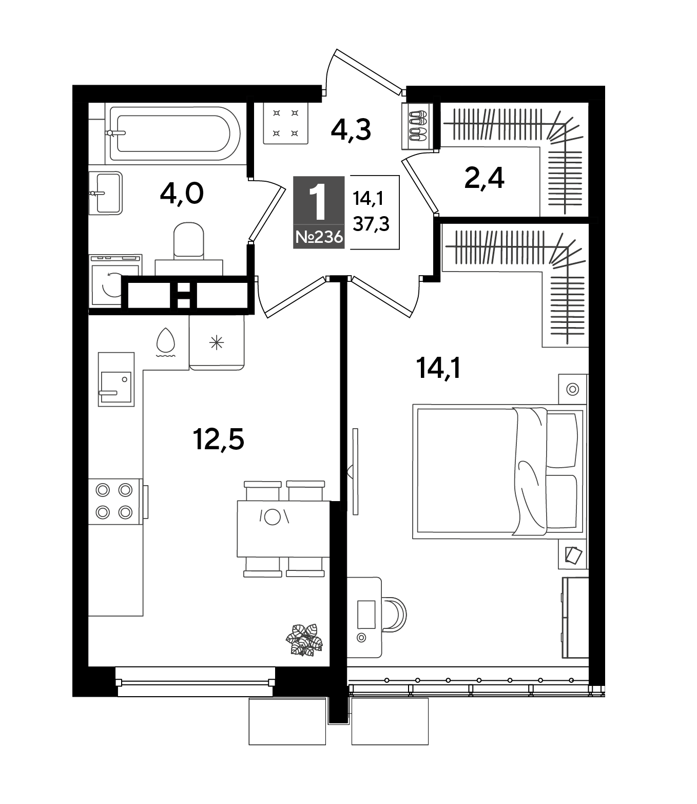 Планировка: 1-комн. квартира 37,3 м²