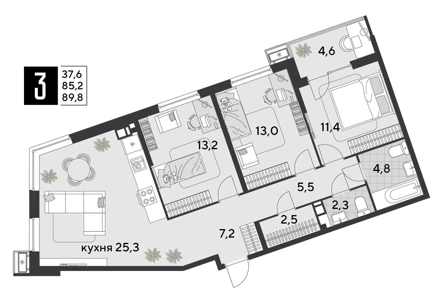 Планировка 3-комнатная 89,8 м²