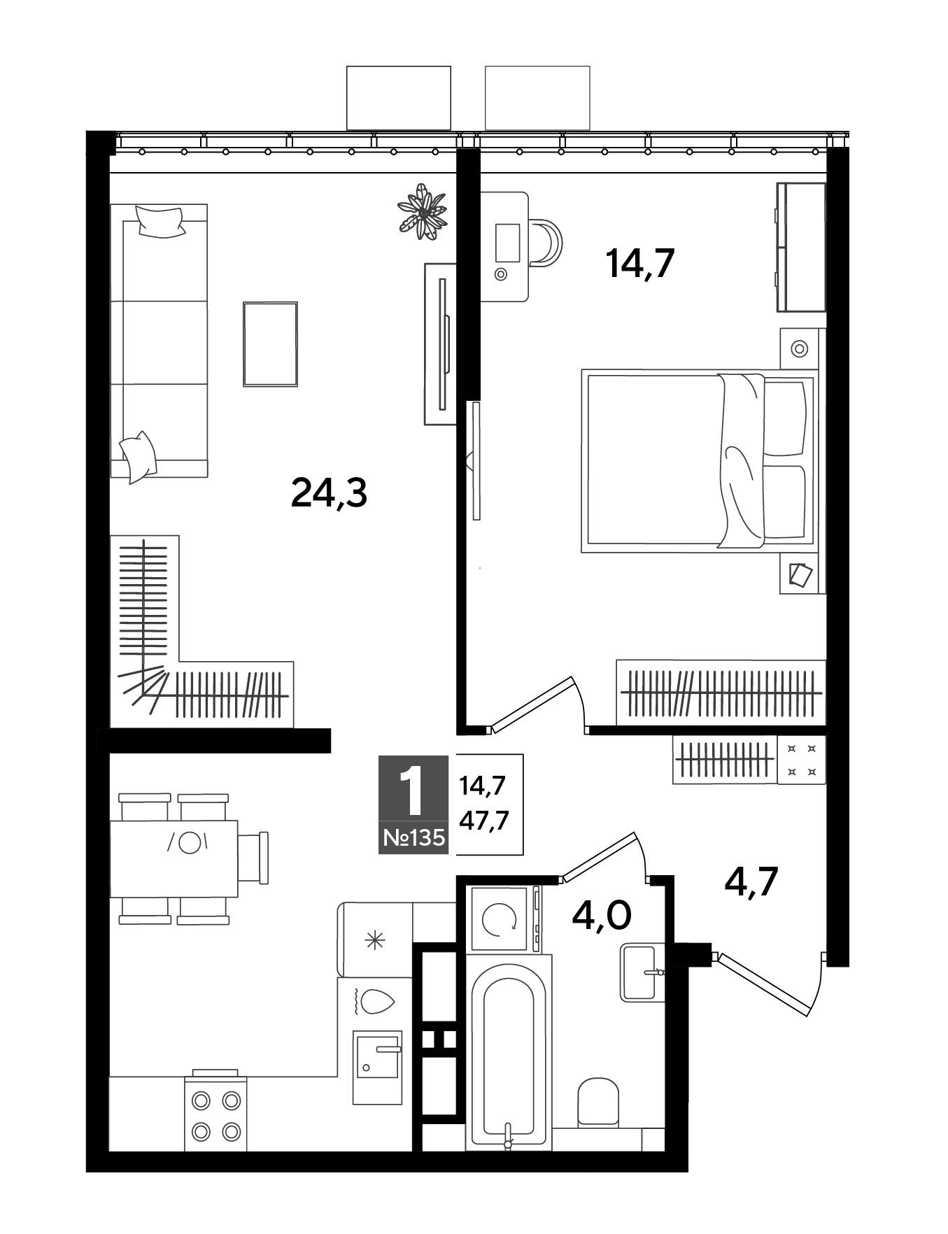 Планировка: 1-комн. квартира 47,7 м²