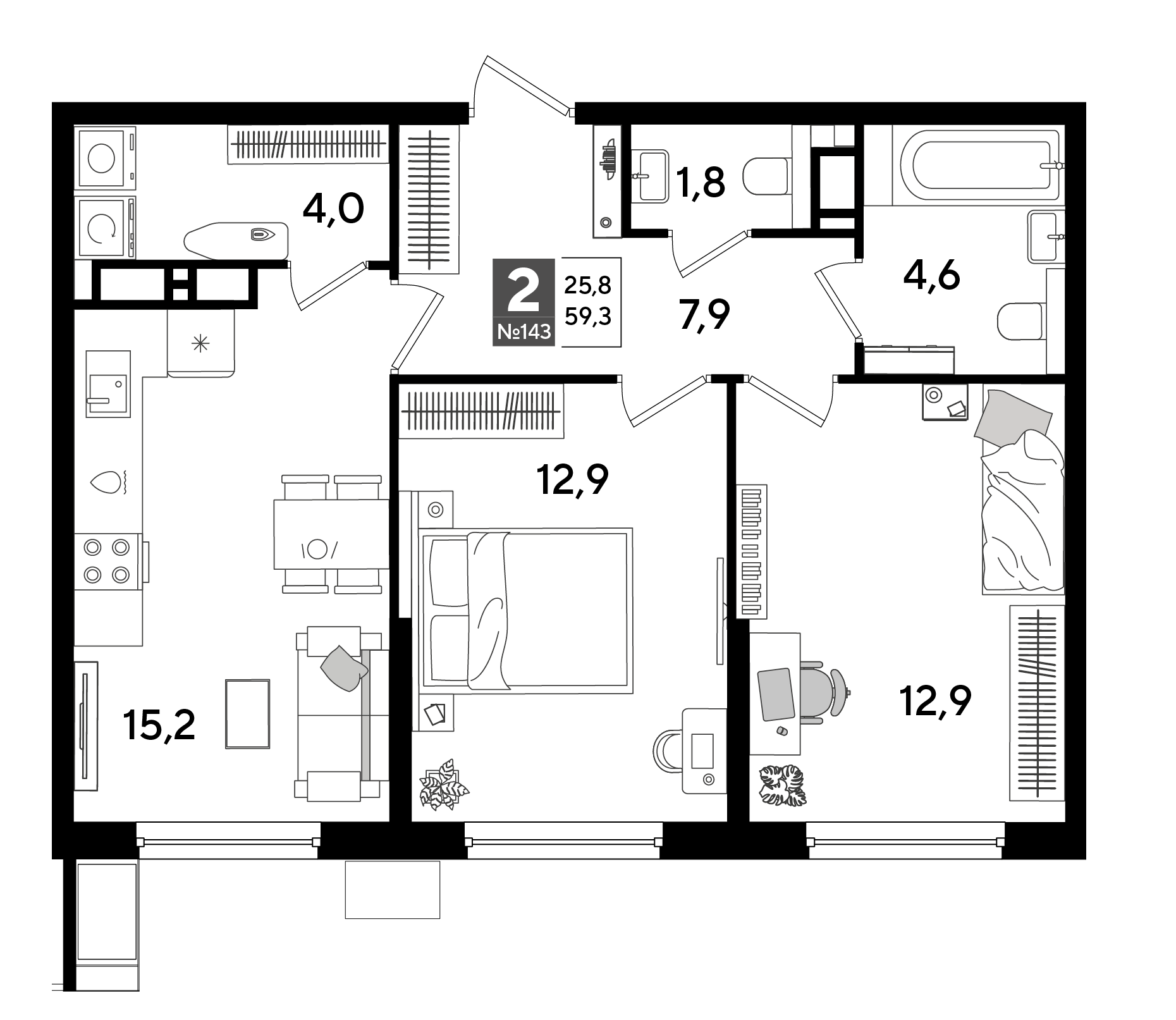 Планировка: 2-комн. квартира 59,3 м²