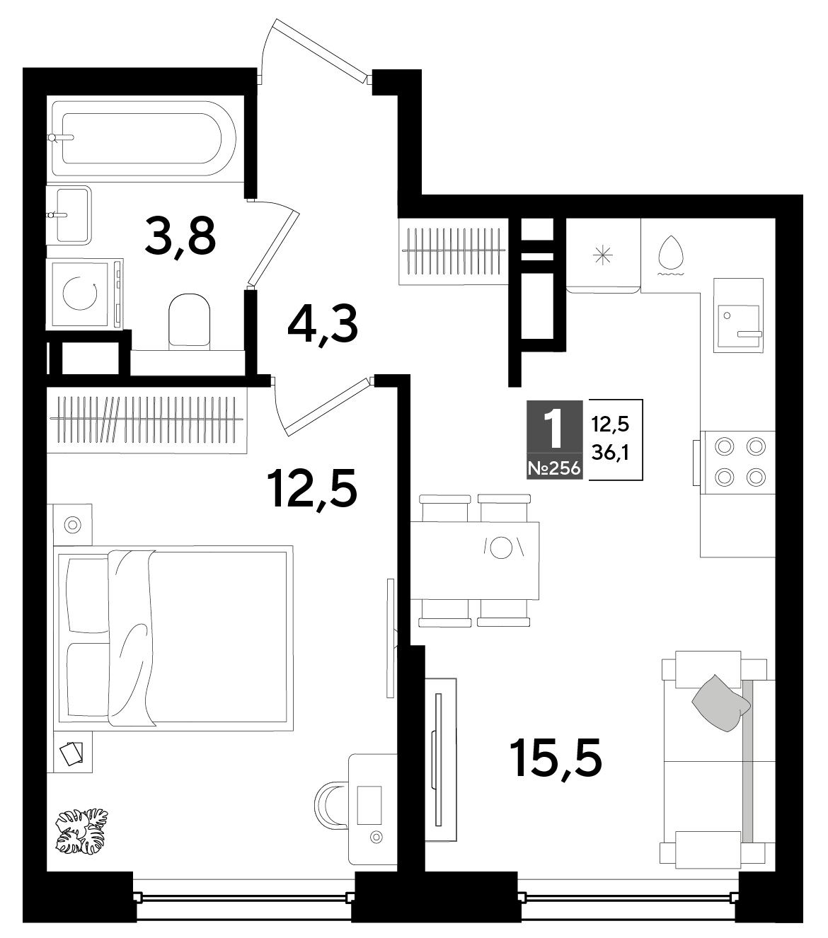 Планировка: 1-комн. квартира 36,1 м²