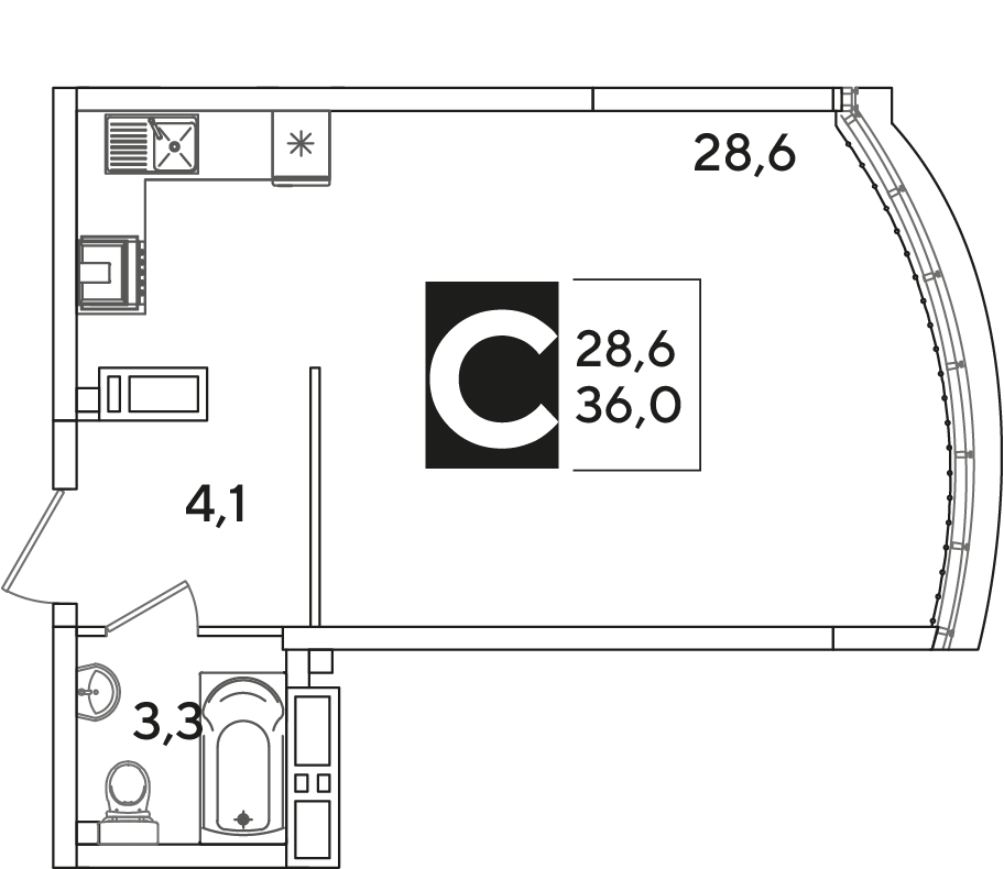 Планировка: Студия 36 м²