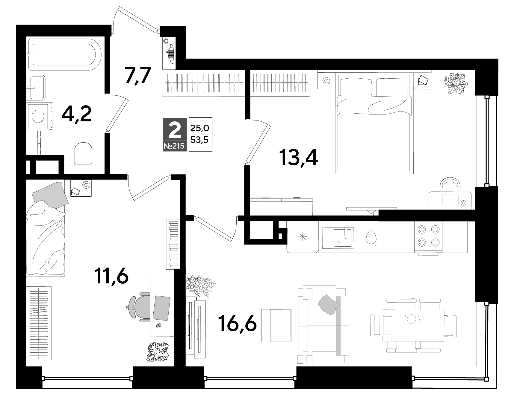 Планировка: 2-комн. квартира 53,5 м²