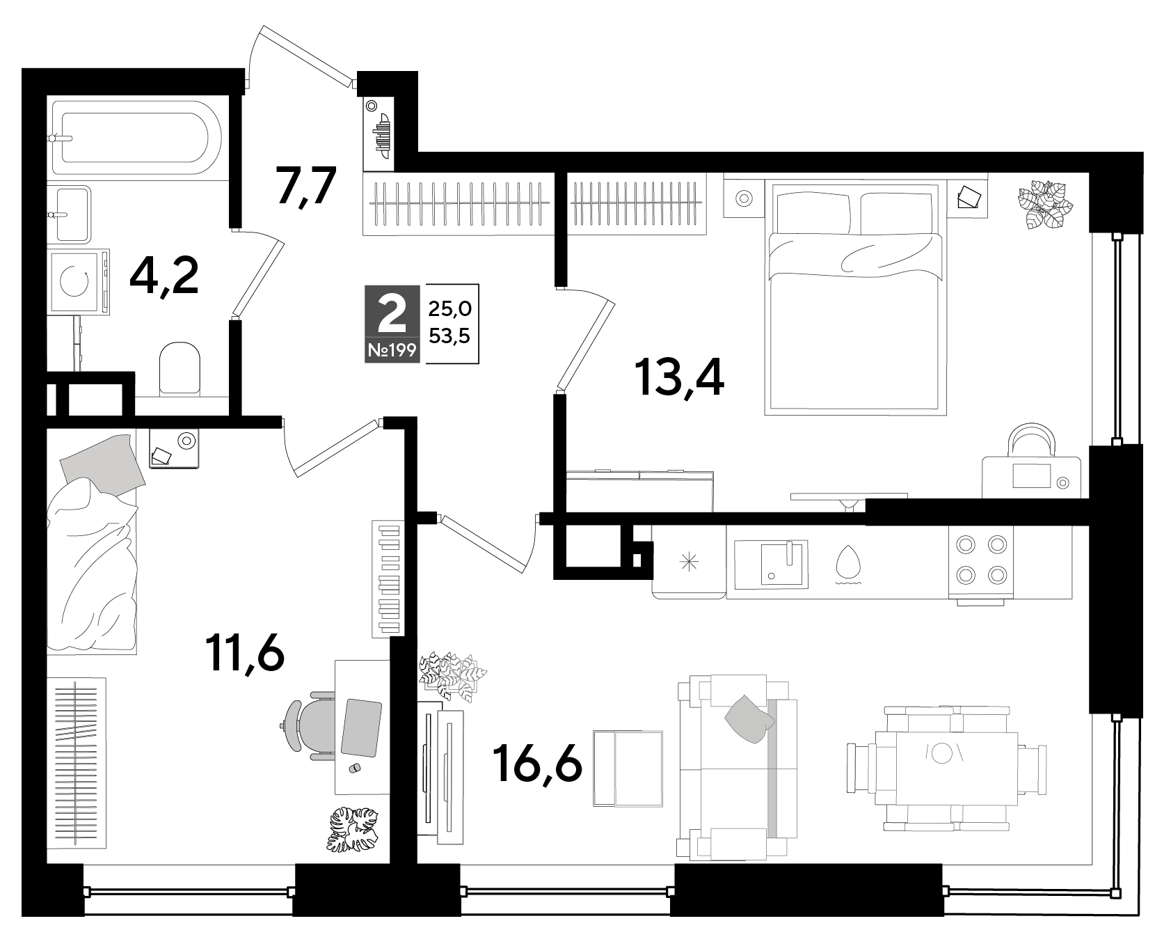 Планировка: 2-комн. квартира 53,5 м²