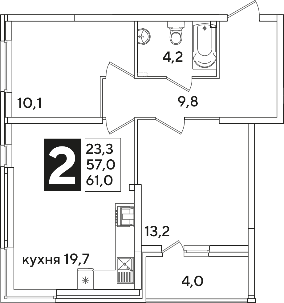 Планировка: 2-комн. квартира 61 м²