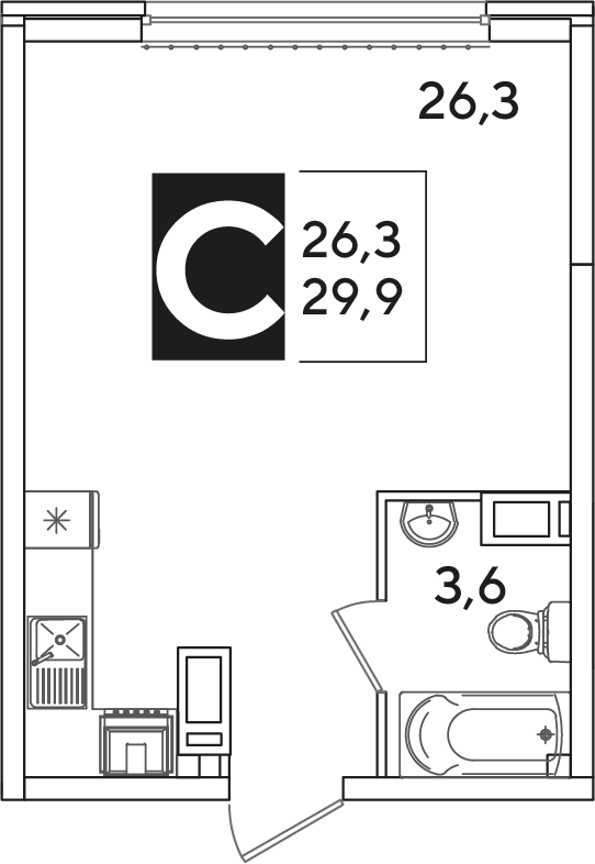 Планировка: Студия 29,9 м²