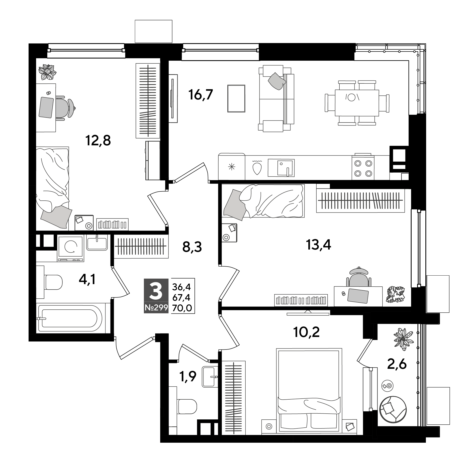 Планировка 3-комнатная 70 м²