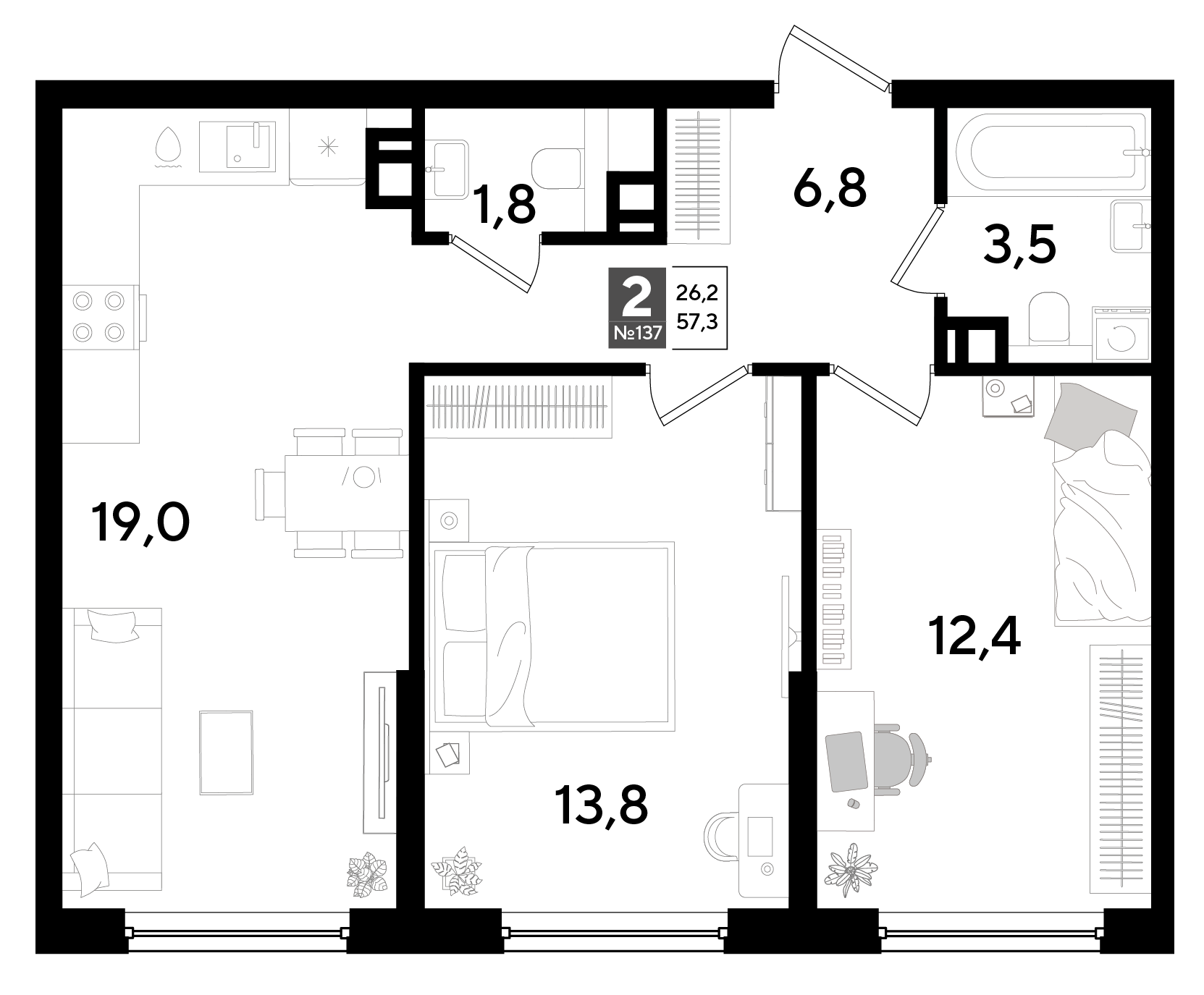 Планировка 2-комнатная 57,3 м²