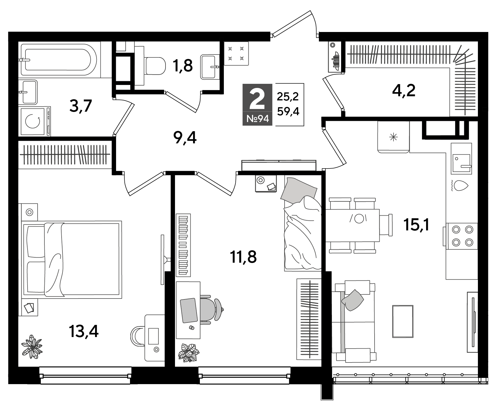Планировка: 2-комн. квартира 59,4 м²