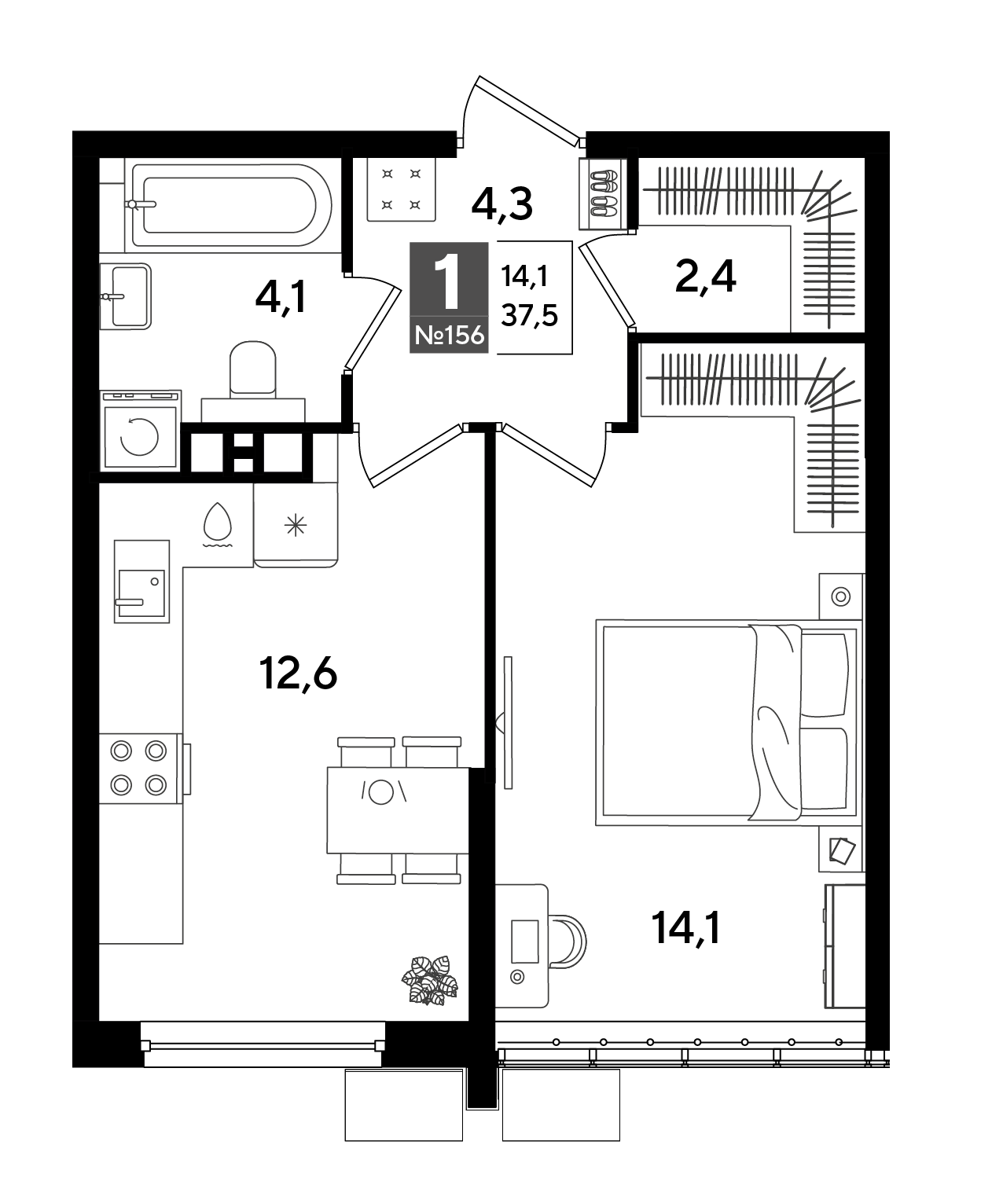 Планировка: 1-комн. квартира 37,5 м²