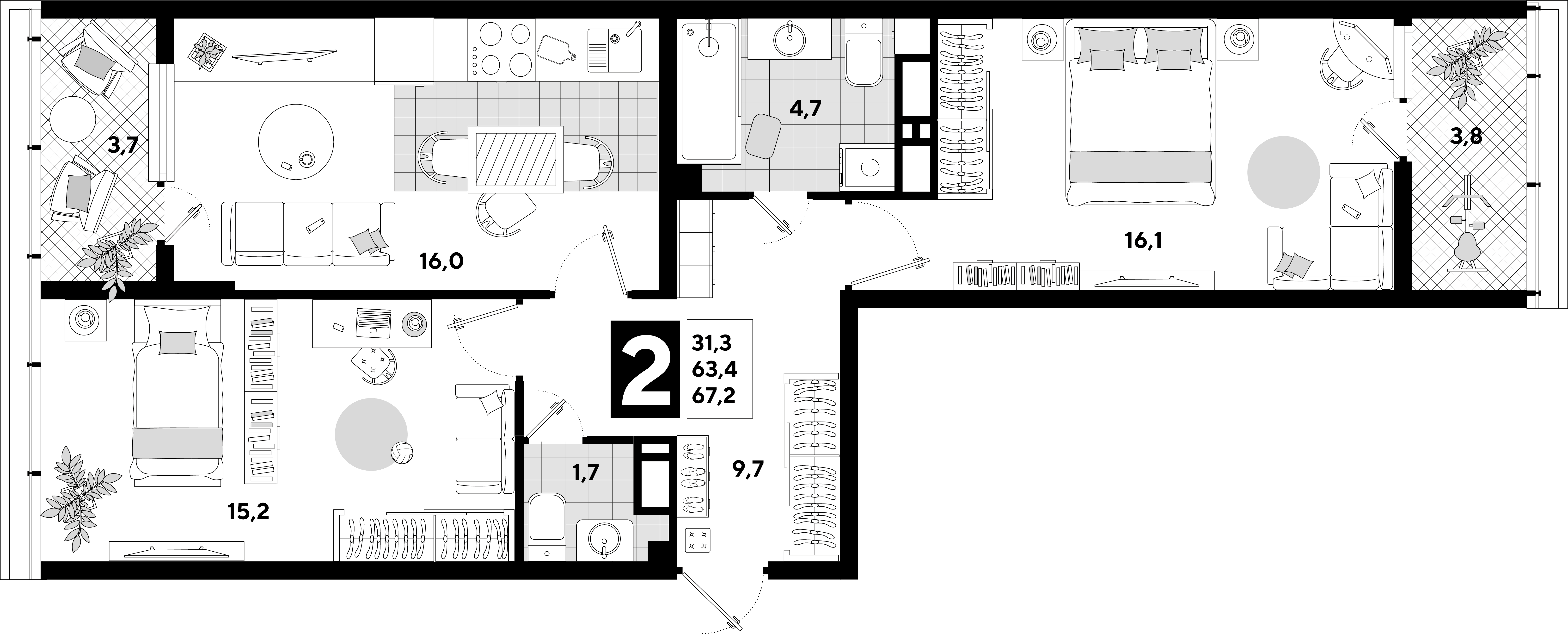 Планировка: 2-комн. квартира 67,3 м²