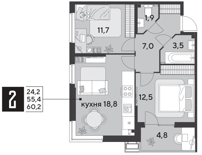 Планировка: 2-комн. квартира 60,2 м²