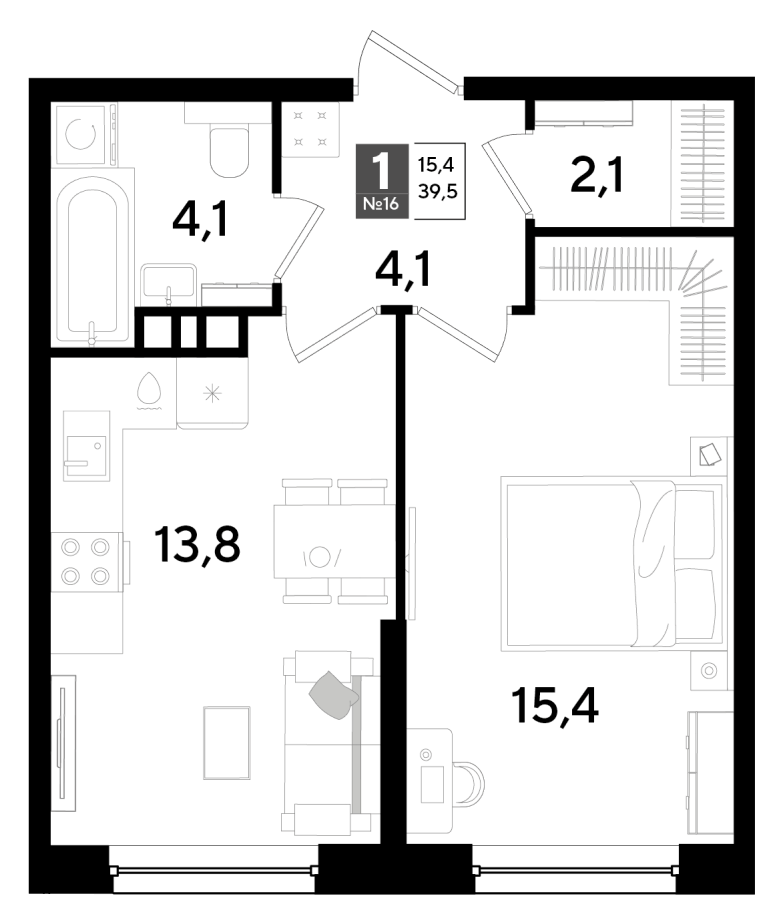 Планировка 1-комнатная 39,5 м²