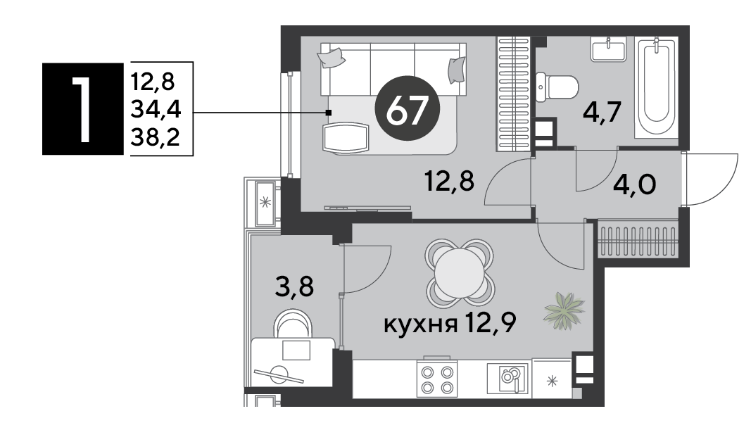 Планировка: 1-комн. квартира 38,2 м²