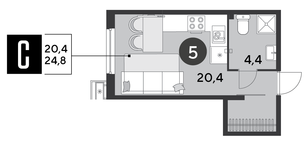 Планировка: Студия 24,8 м²