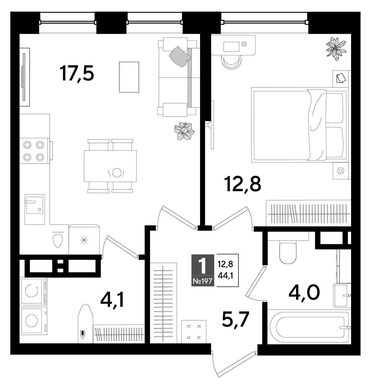 Планировка: 1-комн. квартира 44,1 м²